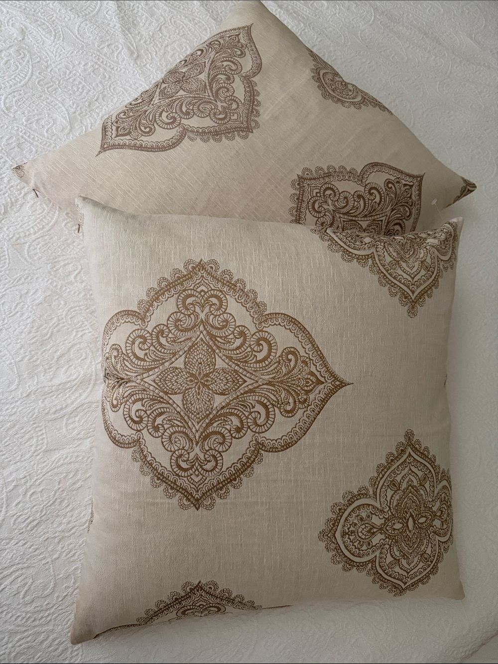 Neutral Beige Decorative Throw Pillow 2 pc with Brown Medallion Print